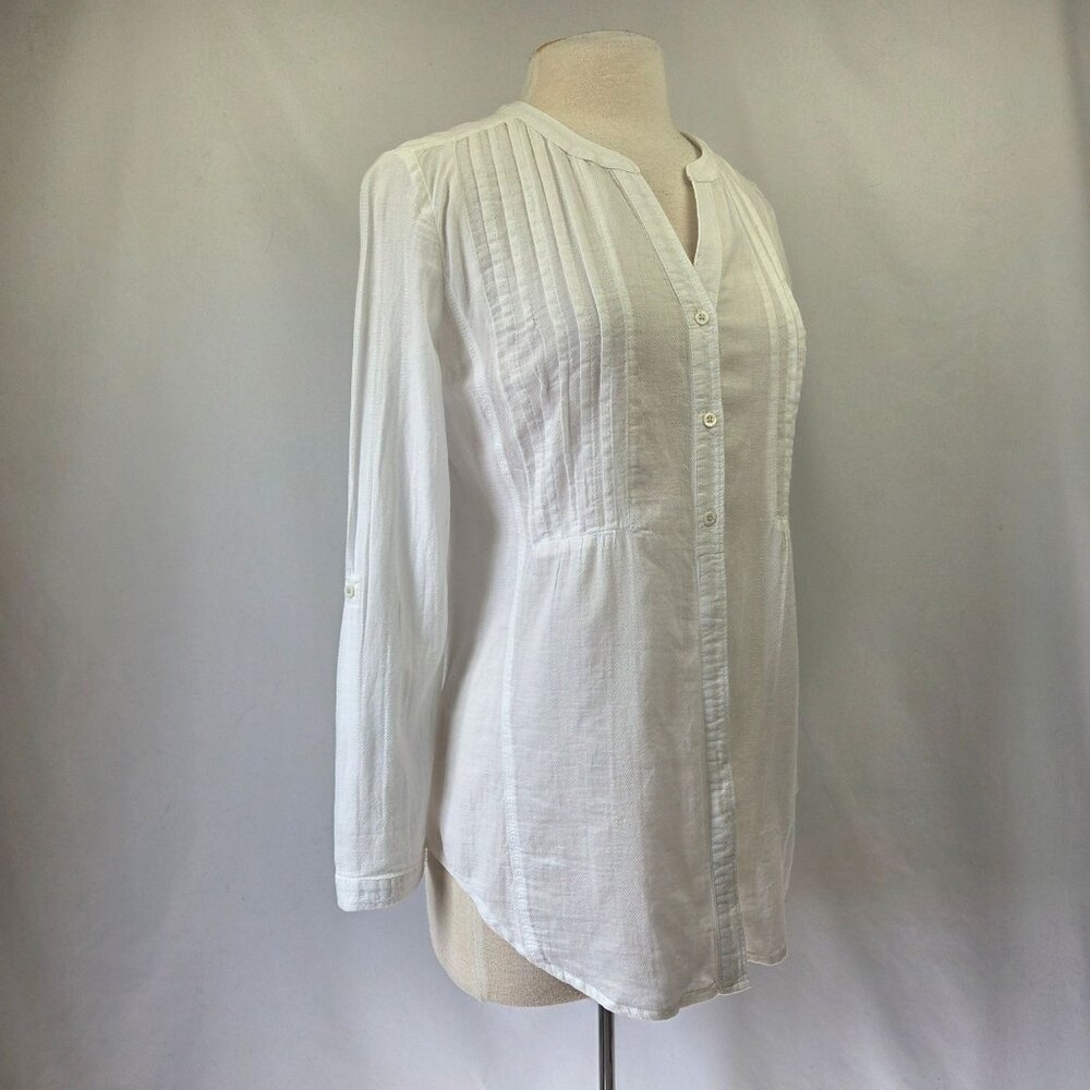 Maeve Long Sleeve White Pintuck Cotton Button-Front Tunic Top Size 6